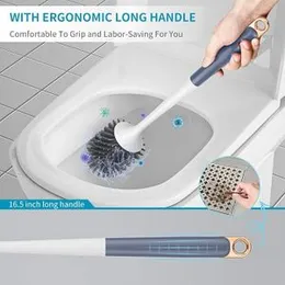 Long Handle Toilet Brush 1 Set with Holder Wall Mount Drain Tray Tpr Bristles No Dead Corner Bowl Cleaner Scrubber Bathroom Grey