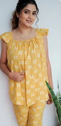 PIJAMA Suit ,Yellow White Floral Viscose Material Night Dress for Homely women's (CODE- BC25)