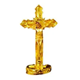 Golden Jesus Christ Cross Stand Statue Idol (15cm) - Jesus Christ on the Cross Home Decor, For Prayer Room, Handmade Housewarming Gift
