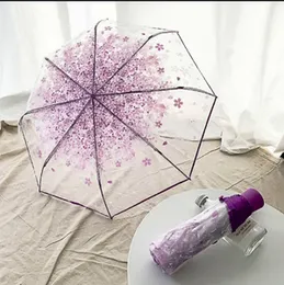 Transparent Clear Folding Umbrella – Cute Korean Mini Cherry Blossom Umbrella | Trifold Japanese Style Sen Series