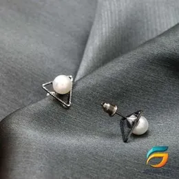 Earrings For Women Triangle Theme Black Silver Plated Stud Earrings With Pearl.
