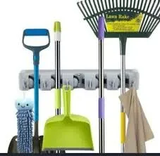 Mop and Broom Holder Organiser | 5 Slot Position with 6 Hanging Hooks | Garage Storage up to 11 Tools | Wall Mounted Hanging | Strong Holding