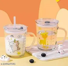 Random Printed Kids Fruit Juice Milk Glass 350ml Sipper Tumbler Mug with Starw Slicon and Lid