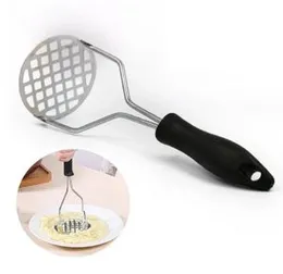 stainless steel potato masher with a non-slip handle.