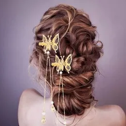 2pcs Elegant Tassel Butterfly Hairpin, Metal Tassel Long Hair Clip, Touching Butterfly Clips, Antique Side Clip, Girls Shiny Hair Clip(Gold)