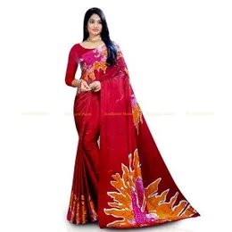 Red with Pink ,Yellow and White Satin Batik Saree