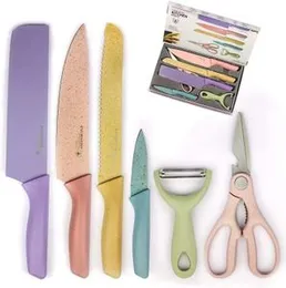 Macaroon Colourful 6-Piece Kitchen Knife Set – Stainless Steel Chef, Bread, Paring & Utility Knives with Peeler & Scissors