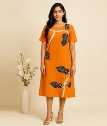 Orange with Black & White Batik Dress 100F