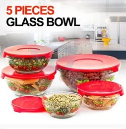 5 PCS Glass Bowl with Lid Food Storage Microwave Dishwasher and Freezer Safe Set