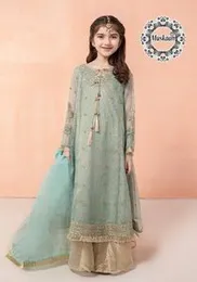 Muskaan Kids Aqua Blue & Gold Embroidered Sharara Suit