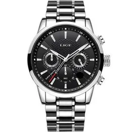 Stainless Steel Luxury Men Watch Quartz Analog Business Chain Casual Wrist Dial LIGEx Watches For Boys Gents Black