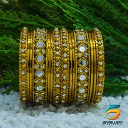 Gold Plated  Punjabi Traditional Antique Stylish Fancy Bangle Set with Dotted Champagne Stone  for Girl & Women.