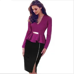 Women Bodycon Sequined Belt Tartan Patchwork V Neck Office Dress