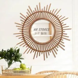Round Decor Mirror Frame Rattan Art Decor Makeup Mirror Dressing Bathroom Wall Hanging Mirror Frame Crafts new