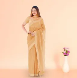 CREAM YELLOW WITH WHITE STITCH BOARDER ORGANZA COTTON