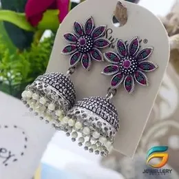 Black Silver Plated Jimikki Earrings Flower Design With Multi Stone For Women.