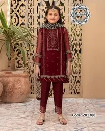 Muskaan Kids Maroon Embroidered Straight-Cut Suit