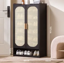 66cm Rattan Design 2 Door Black Bamboo Shoe Cupboard