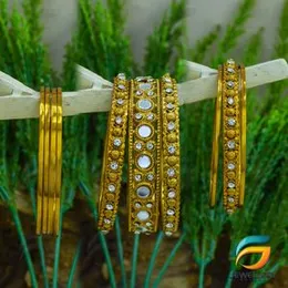 Gold Plated Punjabi Traditional Antique Stylish Fancy Bangle Set with Dotted Champagne Stone for Girl & Women-19cm