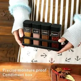 4 PCS SET DURABLE PLASTIC SPICE JARS BPA FREE WITH SPICE RACKS SPICE STORAGE CONTAINERS SLIDING OPEN FOUR GRID STORAGE JAR SPICE DISPENSER BARBECUA.