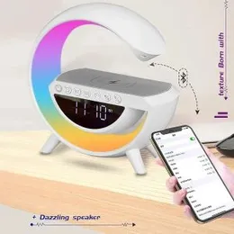 PYU Atmosphere Night Light Wireless Phone Charger Bluetooth Speaker Alarm Clock All in One LED Table Lamp for Bedroom, Living Room, Office, Ideal Gift