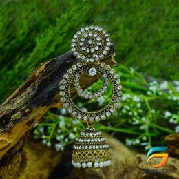 Gold Plated Earrings traditional Full Stone long Metal Dangle Jimikki Earrings With White Pearl Drop for Women.