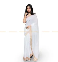 White With Brown Line Boarder ORGANZA COTTON