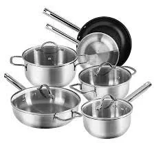 10pc stainless Steel cookware set with glass lid heat resistant plastic handle 16 to 24 cm