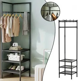 Multi Function Corner Coat Rack Floor Standing Clothes Hanger with Storage Shelves