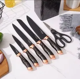 Kitchen Knife Set Stainless Steel Chef Knife Set 7 Piece with Marble Textured Handle Tool Holder with Grinding Stone