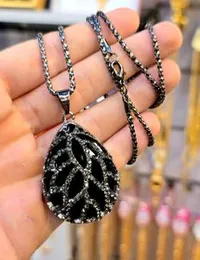 Black Stone Pendant Necklace for Women – Teardrop Design with Crystal Detailing