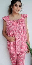 PIJAMA Suit ,Pink Floral Viscose Material Night Dress for Homely women's(CODE-BC25)