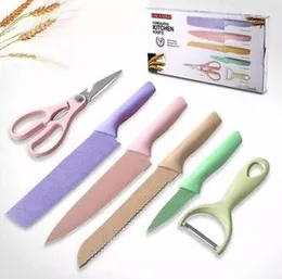 6pcs Colorful Kitchen Knife Set with Scissors & Peeler Non Slip Ergonomic Handles Ceramic Coating Multi-Functional Vibrant and Easy to Clean