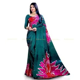 Green with Pink ,Red and White Satin Batik Saree