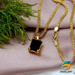 Gold Plated Chain With Pendant 18/24 inch 02MM Bismark Chain with Black Stone Pendant Necklace for Ladies & Girl-45cm