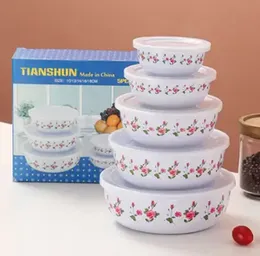 Storage bowl 5pc with plastic lid printed bowl set enamel look.