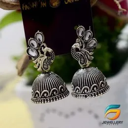 Black Silver Plated Jimikki Earrings Peacock Design With White Stone For Women.