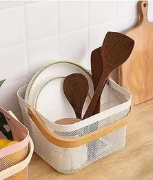 Metal Mesh Steel Basket With Bamboo Handle Storage Organizer