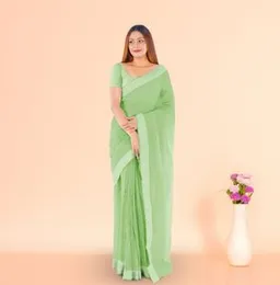 LIGHT GREEN WITH WHITE STITCH BOARDER ORGANZA COTTON