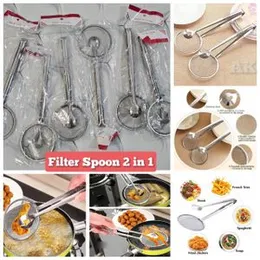 2-in-1 Oil Skimmer Colander – Stainless Steel BBQ Filter Clamp & Fine Mesh Tongs Spoon
