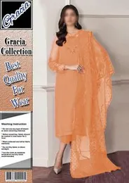 Gracia Collection Embroidered Peach Formal Suit Gracia Collection, Peach Formal Suit, Embroidered Women’s Dress, Pakistani Formal Wear, Chiffon Suit, 