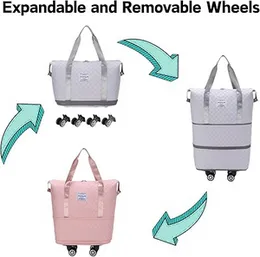 Rolling Duffle Bag with Wheels, Expandable Travel Duffel Bag with Detachable Spinner Wheels & Wet Pocket, Large Waterproof Travel Tote Bags Carry On O