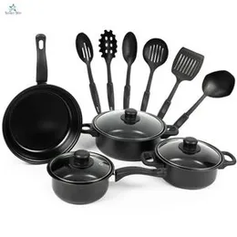 13 Pieces Non-Stick Cookware Set with Glass Lids and Spatulas – Black