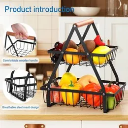 2-Tier Large Fruit Basket || Wood Metal Bread Basket ||