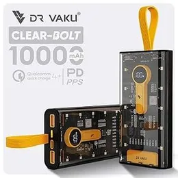 10000mAh DR VAKU® Clear Bolt Power Bank – PD 20W + QC Fast Charging, Dual Input & Output, Lithium Polymer Battery, Built-in LED Torch – For All Smartp