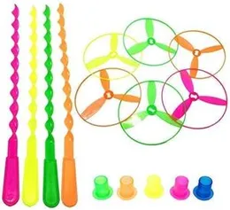 Kidsbay Set Bamboo Dragonfly Large Plastic Flying Saucers Pull String Spinning Wheel Outdoor Toy- Multi Color