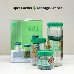 3pcs Air Sealed Cactus Storage Glass Jar Set