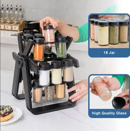 Rotating Spice Rack Organizer with 18 Glass Spice Jars With Spice Labels And Pen for Countertop Kitchen Cabinet