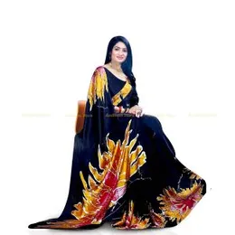 Black with Yellow,Red and White Satin Batik Saree