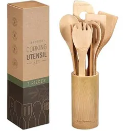 6pc wooden spoon set with holder kitchen bamboo cooking spatula set.